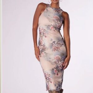 SKYLUR FLORAL MESH MIDI DRESS - S